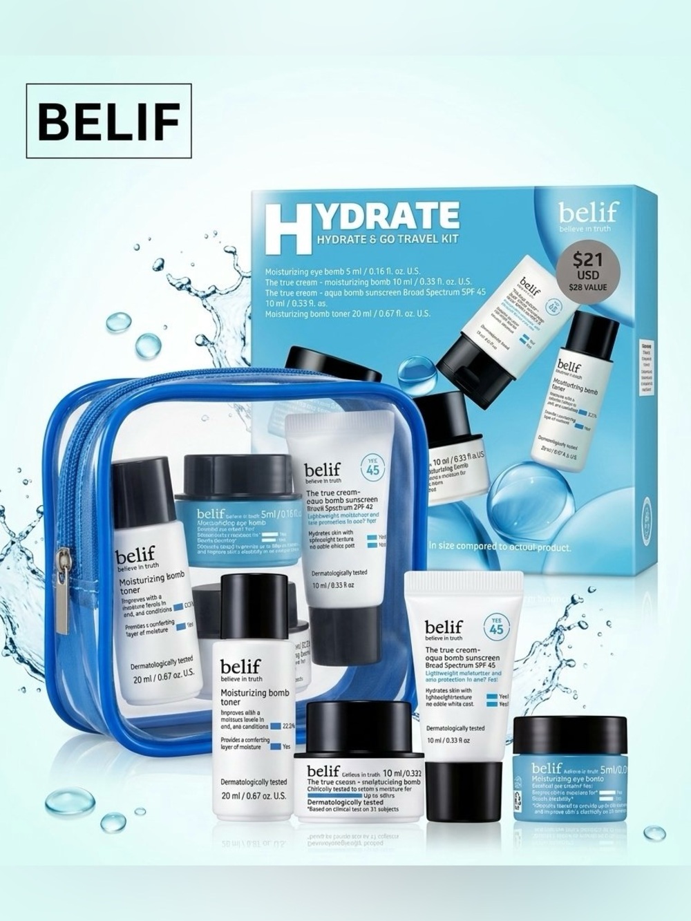 Belif Hydrate & Go Travel Kit • Skincare + Travel Bag
